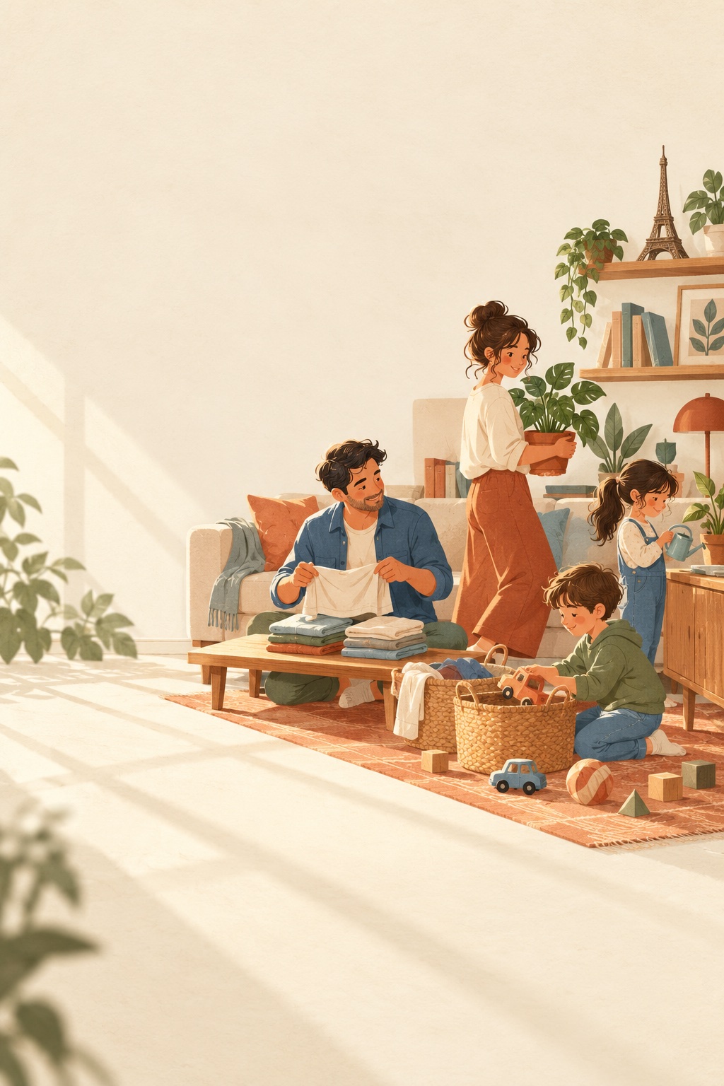 A family sharing the housework in a warm, sunny living room.